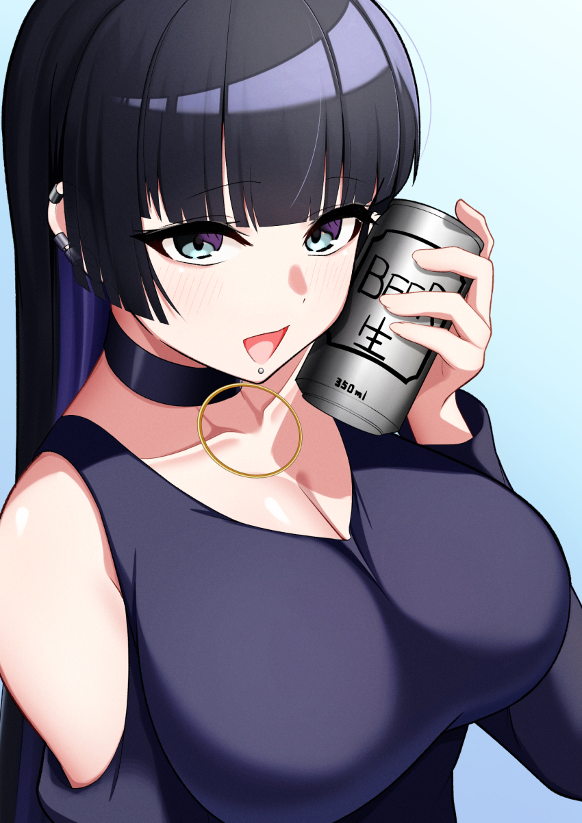 1girl alcohol aqua_eyes bare_shoulders beer beer_can bigthirteen0301 black_choker black_dress black_hair blunt_bangs blush bocchi_the_rock! breasts can choker clothing_cutout collarbone colored_inner_hair dress drink_can ear_piercing earclip face_piercing goth_fashion happy highres holding holding_can labret_piercing large_breasts long_hair looking_at_viewer multicolored_hair open_mouth pa-san piercing purple_hair shoulder_cutout solo straight_hair two-tone_hair