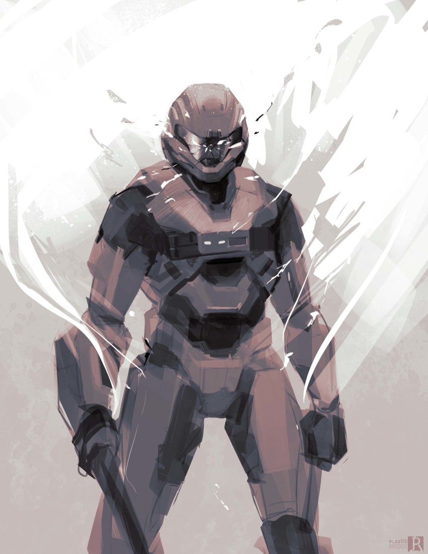 1boy absurdres armor artist_logo assault_visor broken_glass clenched_hand commentary english_commentary glass halo:_reach halo_(series) helmet highres logo male_focus plastic-bridge power_armor science_fiction sketch solo spartan-b312 spartan_(halo) standing