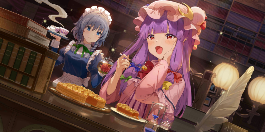 +_+ 2girls apron blue_bow blue_dress blue_eyes blush book bookshelf bow bowtie braid capelet closed_mouth commentary crescent crescent_hat_ornament cup dress eating english_commentary food fork game_cg green_bow green_bowtie grey_hair hair_bow hand_on_own_cheek hand_on_own_face happy hat hat_ornament highres holding holding_fork holding_teapot holding_tray hourglass indoors izayoi_sakuya joey_koguma juliet_sleeves library long_hair long_sleeves maid maid_headdress mob_cap multiple_girls multiple_hair_bows official_art open_mouth patchouli_knowledge pie pink_capelet pink_dress plate puffy_sleeves purple_hair quill red_bow red_eyes smile striped_clothes striped_dress teacup teapot third-party_source touhou touhou_lostword tray twin_braids vertical-striped_clothes vertical-striped_dress very_long_hair voile waist_apron white_apron wide_sleeves yellow_bow
