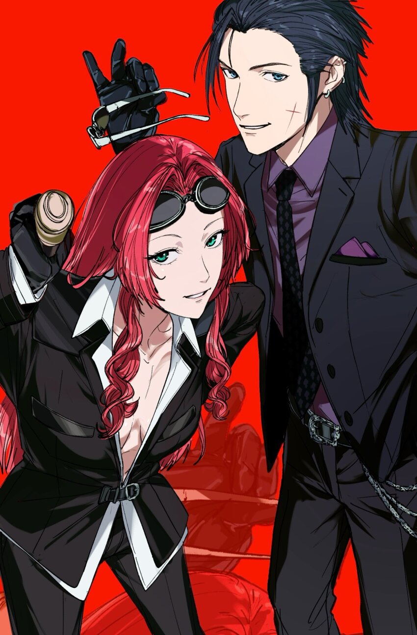 1boy 1girl aerith_gainsborough amikoiiko belt black_gloves black_hair black_jacket black_necktie black_pants blue_eyes breasts breasts_apart cleavage collarbone collared_shirt cosplay crisis_core_final_fantasy_vii cross_scar drill_hair drill_sidelocks ear_piercing earrings eyewear_on_head facial_scar feet_out_of_frame final_fantasy final_fantasy_vii final_fantasy_vii_rebirth final_fantasy_vii_remake gloves green_eyes hair_slicked_back highres holding holding_removed_eyewear jacket jewelry long_hair looking_at_viewer necktie pants parted_bangs parted_lips partially_unbuttoned piercing purple_shirt red_background red_hair reno_(ff7) reno_(ff7)_(cosplay) rude_(ff7) rude_(ff7)_(cosplay) scar scar_on_cheek scar_on_face shirt short_hair sidelocks small_breasts sunglasses turks_(ff7) unworn_eyewear white_shirt zack_fair