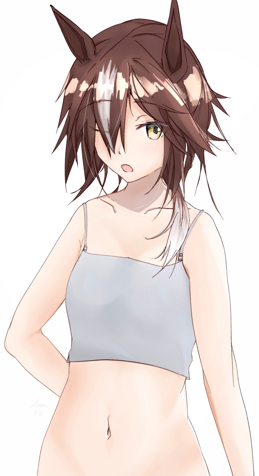 1girl ;o alternate_hairstyle animal_ears arm_behind_back bare_shoulders breasts brown_hair collarbone hair_over_one_eye hair_over_shoulder highres horse_ears horse_girl lesoa long_hair looking_at_viewer navel one_eye_closed simple_background small_breasts solo umamusume vodka_(umamusume) white_background white_hair yellow_eyes