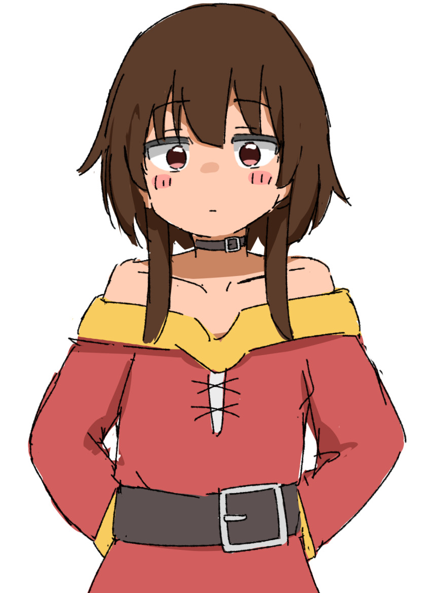 1girl arms_behind_back bad_tag bare_shoulders belt blush blush_stickers brown_hair closed_mouth collar cowboy_shot double-parted_bangs dress flat_chest gold_trim hair_between_eyes helmet highres kendama_club kono_subarashii_sekai_ni_shukufuku_wo! locks long_sleeves looking_at_viewer magical_girl megumin no_headwear off-shoulder_dress off_shoulder red_dress red_eyes short short_hair_with_long_locks simple_background solo standing white_background