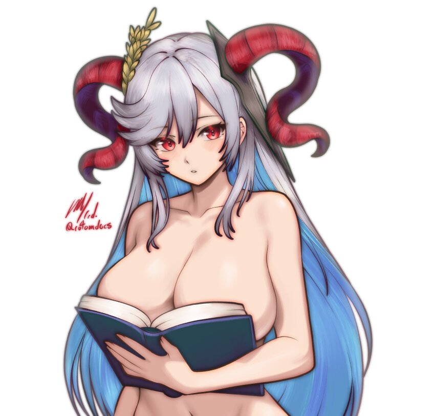 1girl bare_shoulders boobs_in_book_(meme) book breasts cleavage collarbone commentary corrupted_twitter_file english_commentary fire_emblem fire_emblem_heroes freyja_(fire_emblem) goat_horns grey_hair hair_between_eyes highres holding holding_book horns large_breasts long_hair meme nintendo open_book parted_lips red_eyes rotomdocs solo topless_female very_long_hair white_background