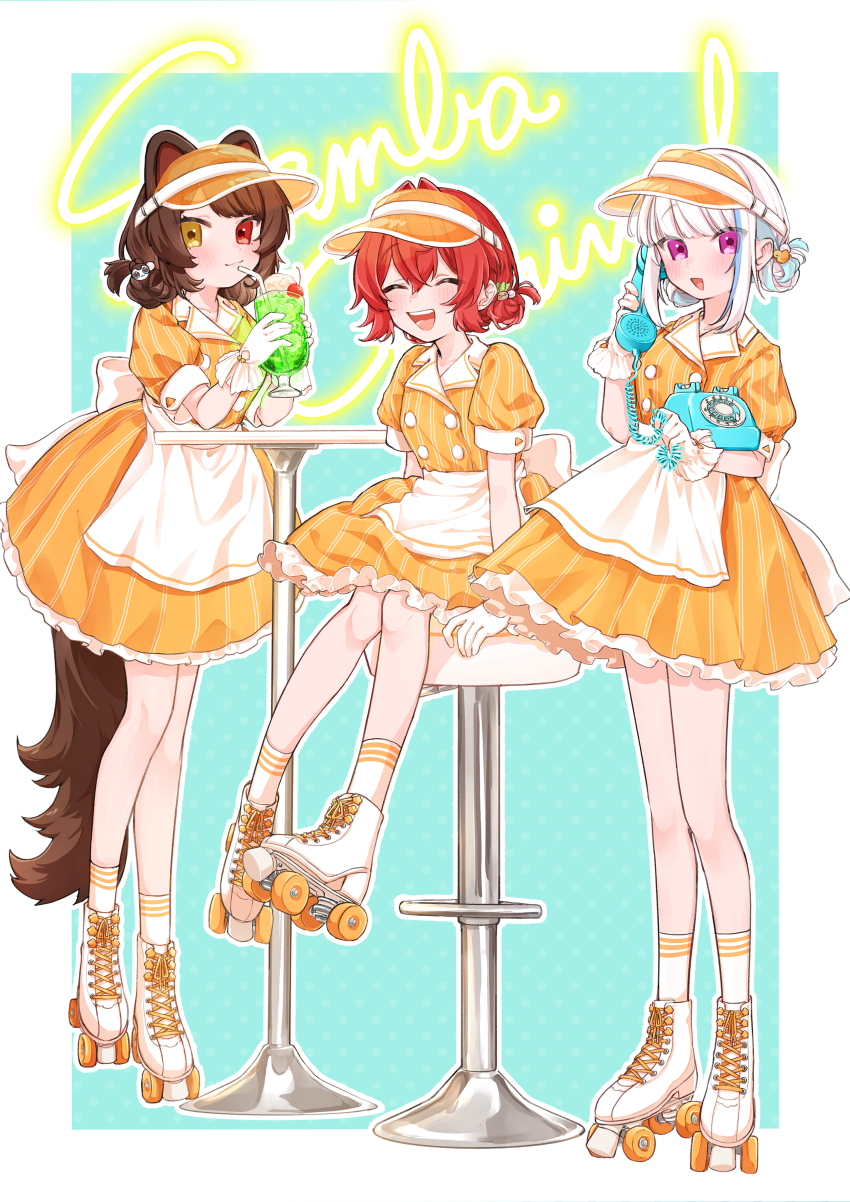 3girls 3znk :d ^_^ absurdres alternate_costume alternate_hairstyle ange_katrina animal_ears antique_phone apron aqua_background arm_support back_bow blue_hair blush boots border bow breasts brown_hair brown_tail buttons carhop cherry closed_eyes closed_mouth collarbone commentary_request cup dog_ears dog_girl dog_tail double-breasted double_bun dress drinking_glass drinking_straw english_text food frilled_dress frilled_gloves frills fruit full_body gloves group_name hair_bun hair_intakes hand_up hands_up heterochromia highres holding holding_cup holding_phone hurricane_glass ice_cream ice_cream_float inui_toko lapels lize_helesta looking_at_viewer matching_hairstyle matching_outfits melon_soda multicolored_hair multiple_girls nijisanji notched_lapels on_stool open_mouth orange_dress outline outside_border phone pinstripe_dress pinstripe_pattern puffy_short_sleeves puffy_sleeves red_eyes red_hair roller_skates rotary_phone sanbaka_(nijisanji) short_dress short_sleeves sidelocks simple_background sitting skates small_breasts smile socks standing stool striped_clothes striped_dress table tail two-tone_hair vertical-striped_clothes vertical-striped_dress virtual_youtuber visor_cap waist_apron waitress white_apron white_boots white_border white_gloves white_hair white_outline white_socks yellow_eyes