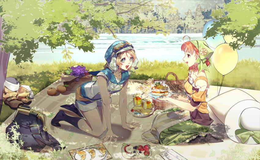 +_+ absurdres ahoge all_fours alphive apple bag balloon blue_eyes blush boots bow brown_hair buttons cake chika_(genjitsu_no_yohane) collarbone croissant dress feet flower food forest fork frills fruit genjitsu_no_yohane goggles grapes grass hair_ornament hat highres kneehighs knife lake looking_at_another looking_to_the_side love_live! love_live!_sunshine!! multiple_girls nature on_grass on_ground open_mouth orange_hair outdoors picnic picnic_basket red_eyes river sailor_collar seiza short_hair shorts sitting skirt smile socks strawberry sun_hat takami_chika teeth thighs tree upper_teeth_only watanabe_you water you_(genjitsu_no_yohane) yuri