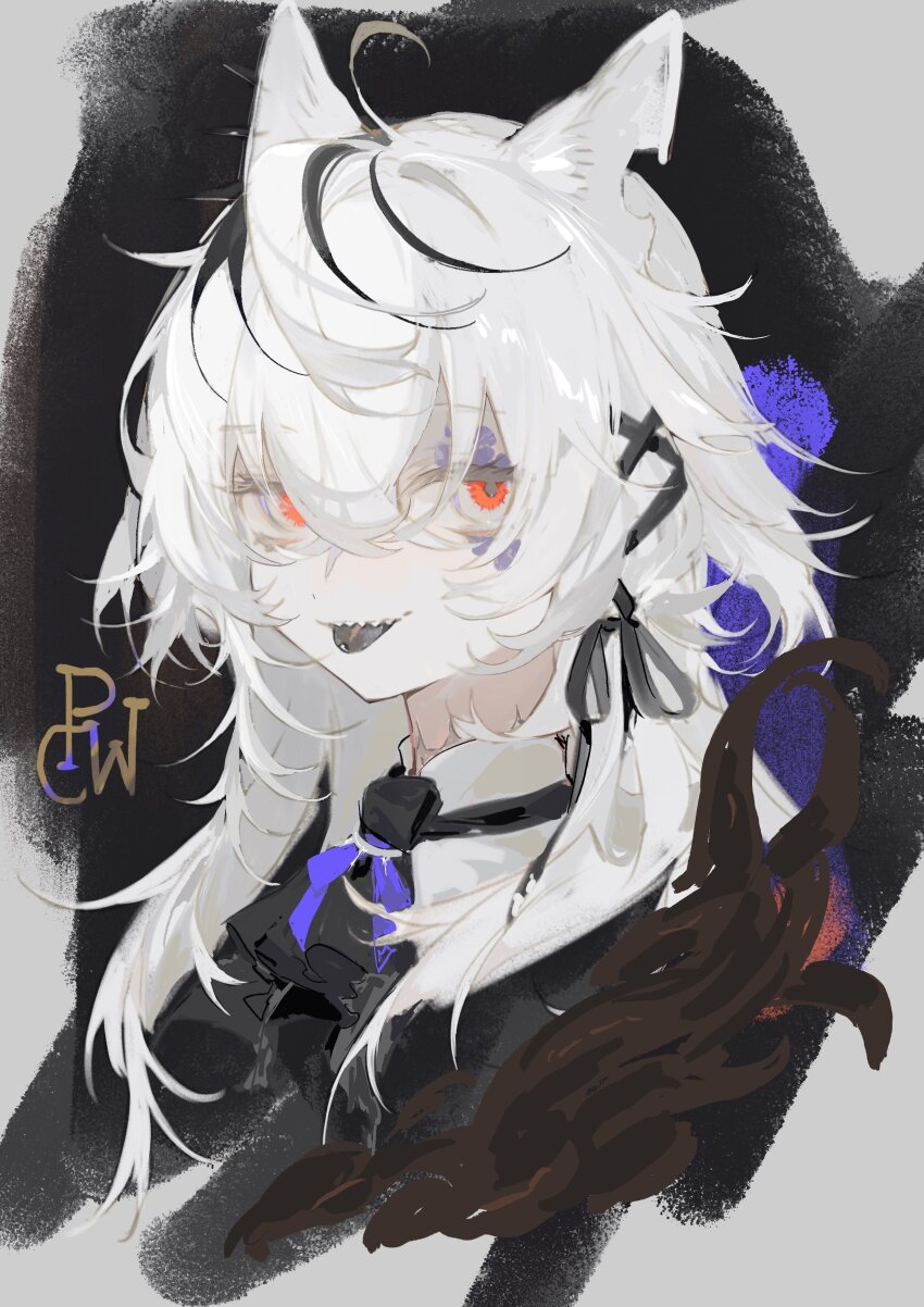1girl absurdres ahoge animal_ears ascot atelier_live black_ascot black_ribbon black_tongue crossed_bangs eyelashes facial_mark hair_between_eyes highres looking_at_viewer mari_the_hybrid multicolored_hair red_eyes ribbon ribbon_hair sharp_teeth solo streaked_hair teeth tongue tongue_out upper_body upper_teeth_only white_hair yoimon