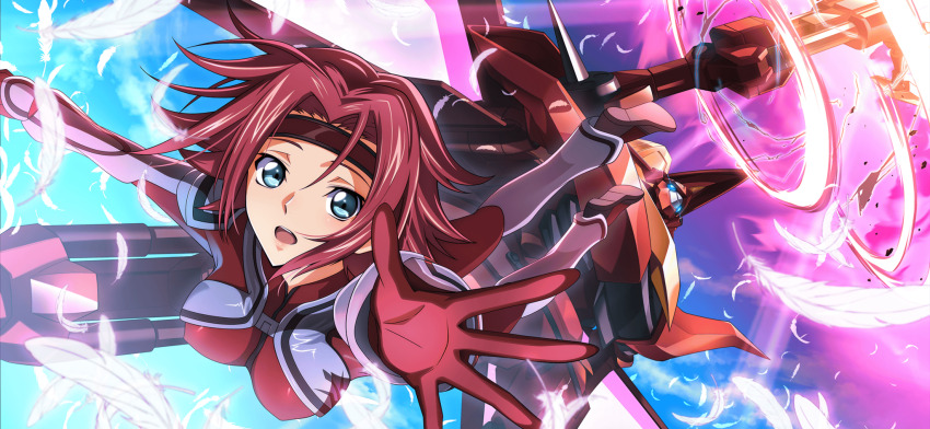 1girl arms_up artist_request blue_eyes blue_sky bodysuit cloud code_geass code_geass:_lost_stories covered_erect_nipples day dutch_angle energy energy_wings falling feathers female_focus game_cg guren_(code_geass) guren_flight-enabled_version hair_intakes headband highres kouzuki_kallen looking_at_viewer mecha midair non-web_source official_art open_mouth outdoors outstretched_arms reaching reaching_towards_viewer red_bodysuit red_hair red_headband robot shiny_clothes short_hair sidelocks sky solo spread_fingers white_feathers