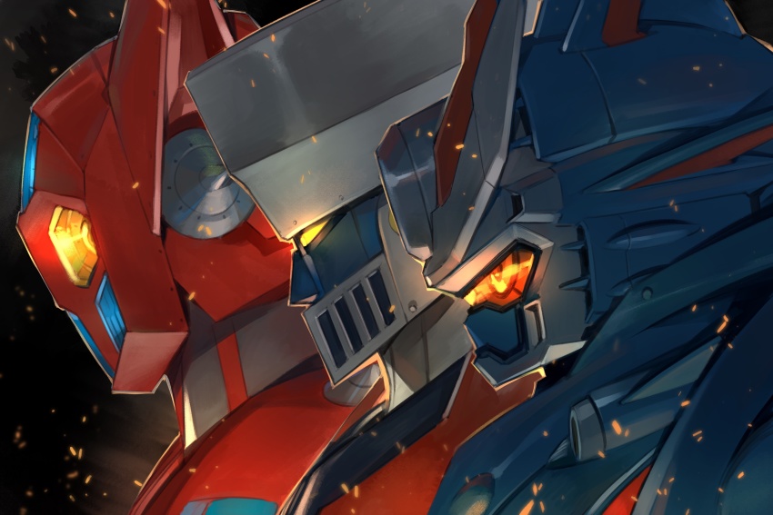 absurdres black_background embers getter-1 getter_robo glowing glowing_eyes highres mazinger_(series) mazinger_z mazinger_z_(mecha) mecha mecha_focus megaton_musashi musashi_(megaton_musashi) no_humans profile robot shimizu_eiichi shimoguchi_tomohiro super_robot