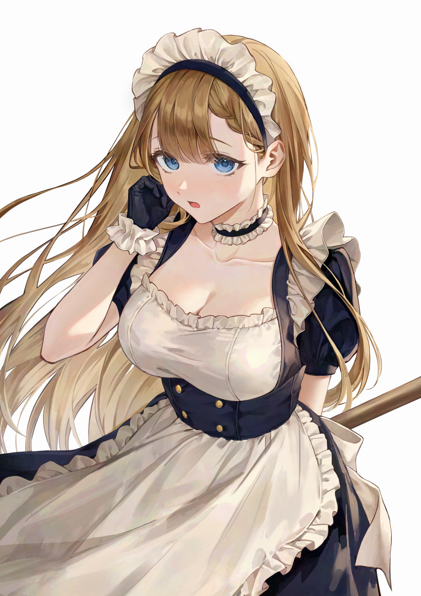 1girl absurdres apron arm_behind_back black_gloves blue_eyes braid braided_bangs brown_hair center-flap_bangs choker commentary_request frilled_apron frilled_choker frilled_gloves frills gloves hair_between_eyes highres long_hair looking_at_viewer low_neckline maid_headdress mang_chan_d open_mouth original short_sleeves simple_background solo very_long_hair white_apron white_background