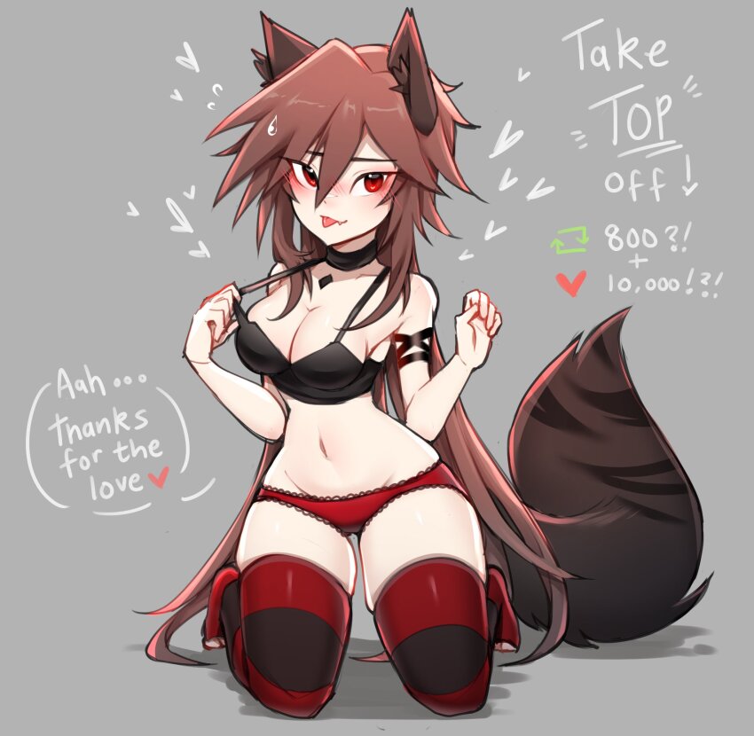 animal_ears armlet blush breasts collar crop_top cry_(crydiaa) crydiaa_(artist) fang heart highres indie_virtual_youtuber jewelry large_breasts long_hair original panties pointy_hair red_eyes red_panties speech_bubble strip_game striped_clothes striped_thighhighs tail thighhighs tongue tongue_out underwear virtual_youtuber wolf_ears wolf_tail