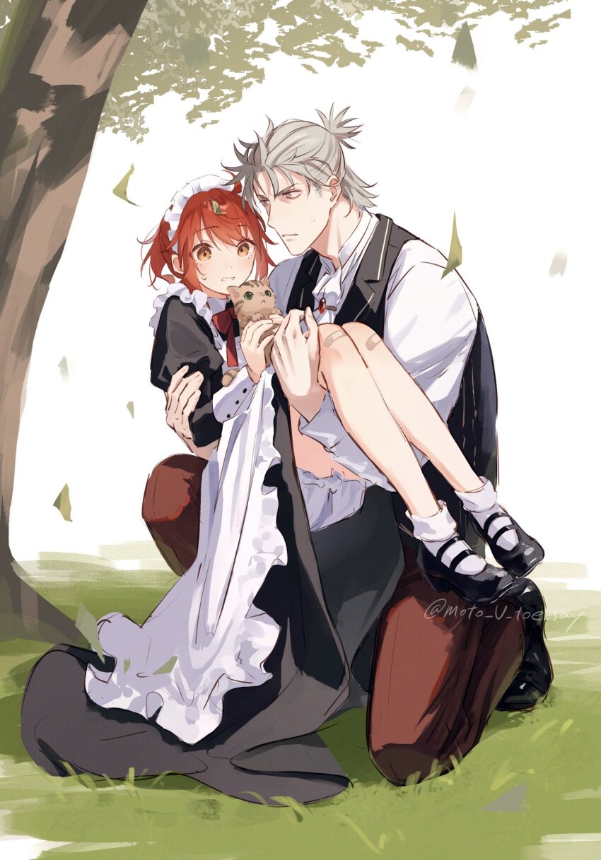1boy 1girl ahoge animal apron bandaid bandaid_on_leg black_dress brooch butler carrying cat dress fate/grand_order fate_(series) fomnant formal_clothes fujimaru_ritsuka_(female) grey_eyes grey_hair highres holding holding_animal holding_cat jewelry long_sleeves maid maid_apron maid_headdress orange_eyes orange_hair pants ponytail princess_carry puffy_sleeves suit sweatdrop tailcoat takeda_shingen_(fate) vest white_apron