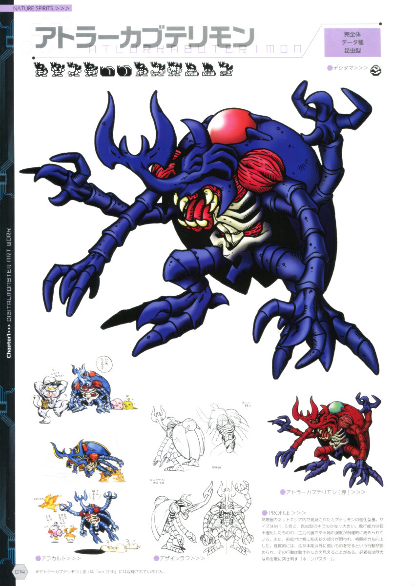 absurdres armor artbook arthropod_boy atlurkabuterimon atlurkabuterimon_(blue) atlurkabuterimon_(red) bandai beetle birdramon bubbmon bug reference_sheet claws digimon digimon_(creature) exoskeleton flying full_body highres insect metaletemon multiple_boys multiple_views official_art open_mouth patamon pectorals piyomon scan sharp_teeth simple_background spikes teeth translation_request