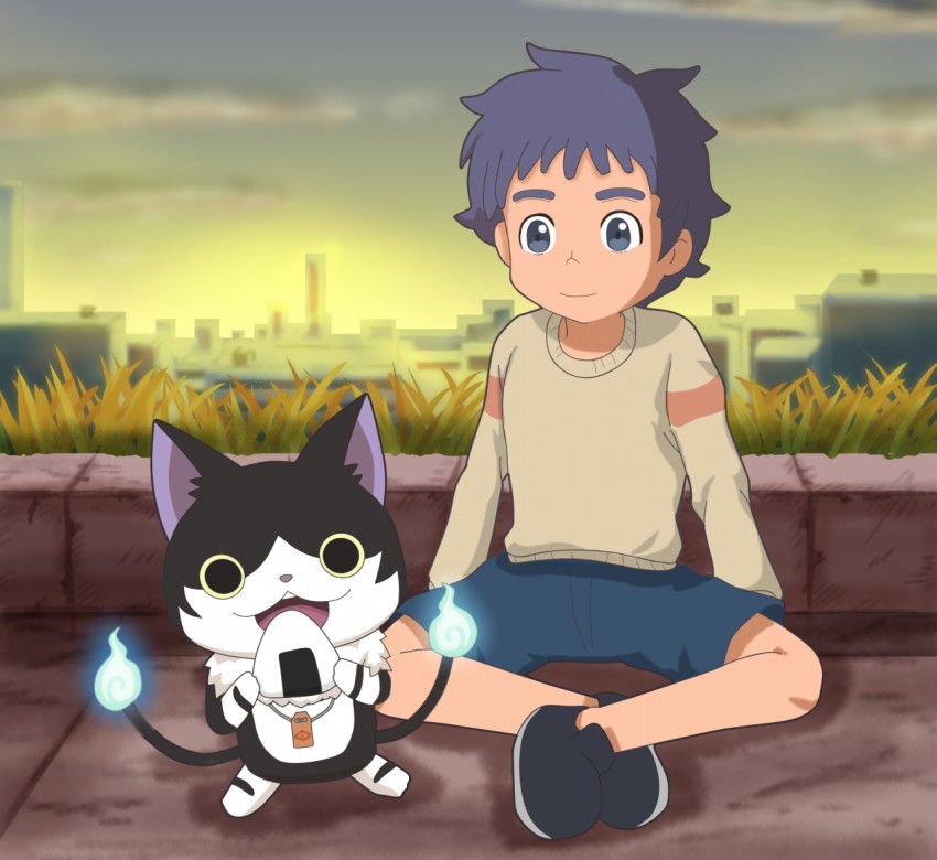 1960s_(style) 2boys animal_ears beige_sweater black_fur blue_hair cat cat_ears cat_tail child dark_blue_hair excited food karasusyoui multiple_boys nekomata nekomata_(youkai_watch) oldschool on_floor onigiri outdoors retro_artstyle shimomachi_shin smile sweater tail talisman traditional_youkai youkai_watch youkai_watch:_eiga_yokai_wotchi_foeba_furenzu