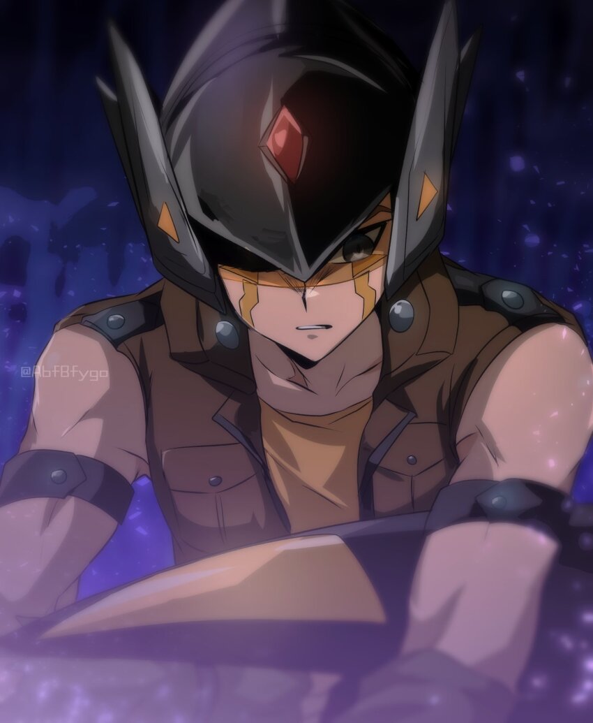 1boy abfbfygo bare_shoulders black_eyes black_helmet brown_vest collarbone crow_hogan dark_background facial_mark helmet highres male_focus partially_shaded_face shirt solo upper_body vest yellow_shirt yu-gi-oh! yu-gi-oh!_5d&#039;s