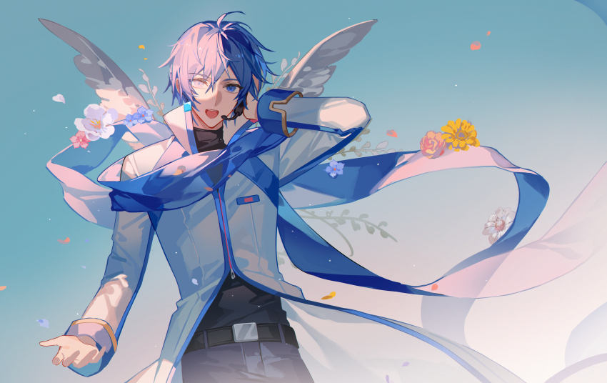 1boy absurdres angel_wings anniversary blue_eyes blue_hair blue_pants blue_scarf blue_sleeve_cuffs blue_theme coat commentary english_commentary gradient_background hair_between_eyes happy happy_birthday headset highres kaito_(vocaloid) kaito_(vocaloid3) kazenemuri long_sleeves looking_at_viewer male_focus multicolored_coat open_mouth pants scarf see-through_scarf short_hair smile solo upper_body vocaloid white_coat white_wings wings