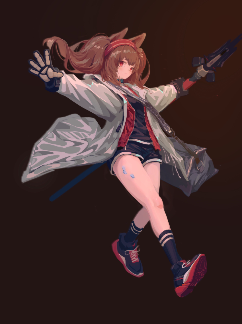1girl absurdres angelina_(arknights) animal_ears arknights bag black_bag black_collar black_gloves black_shirt black_shoes black_shorts black_socks brown_background brown_hair coat collar commentary floating_hair fox_ears fox_girl full_body gloves gradient_background hairband highres holding holding_staff in_a_bitterrain infection_monitor_(arknights) jacket kneehighs long_hair looking_at_viewer material_growth messenger_bag no_tail oripathy_lesion_(arknights) outstretched_arms red_eyes red_hairband red_jacket shirt shoes short_shorts shorts shoulder_bag smile sneakers socks solo spread_arms staff striped_clothes striped_hairband twintails two-tone_hairband unzipped white_coat