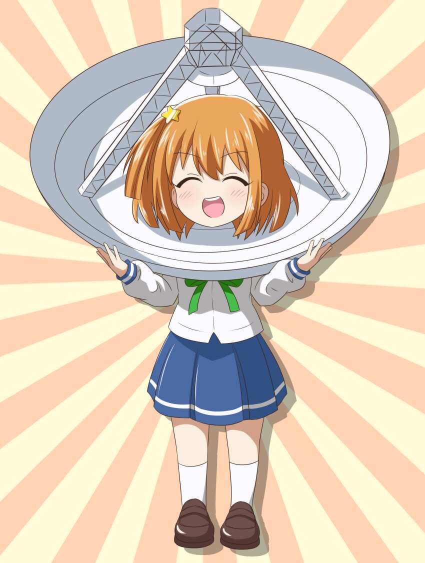 1girl absurdres blue_sailor_collar blush chibi closed_eyes dot_nose female_focus full_body hair_between_eyes hair_ornament highres holding koisuru_asteroid konohata_mira long_sleeves nanog_eb1994 open_mouth orange_hair sailor_collar satellite_dish school_uniform serafuku shirt shoes skirt socks solo standing star_(symbol) star_hair_ornament teeth white_shirt white_socks winter_uniform