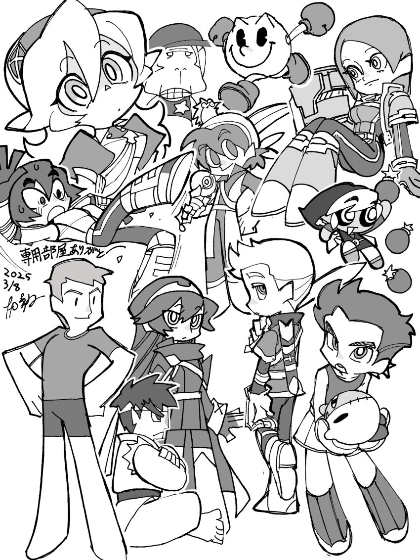 3girls 6+boys absurdres alternate_species arm_cannon back_turned bomb boxing_gloves corrin_(female)_(fire_emblem) corrin_(fire_emblem) crossed_arms dancho_no_mori dark_link diddy_kong donkey_kong_(series) donkey_kong_country dougi dragon_quest dragon_quest_viii explosive fire_emblem fire_emblem_awakening fire_emblem_fates frown full_body greyscale hands_on_own_hips headband hero_(dq8) highres holding holding_sword holding_weapon jacket kirby kirby_(series) little_mac long_hair looking_at_viewer looking_back lucina_(fire_emblem) mii_brawler mii_brawler_(smash_ultimate) mii_gunner mii_gunner_(smash_ultimate) mii_swordfighter mii_swordfighter_(smash_ultimate) monkey monochrome multiple_boys multiple_girls nintendo open_clothes open_jacket open_mouth over_shoulder pac-man pac-man_(game) panty_&amp;_stocking_with_garterbelt_(style) parody powerpuff_girls_(style) profile punch-out!! ryu_(street_fighter) scabbard sheath short_hair short_shorts short_sleeves shorts sitting slipping smile spiked_hair standing street_fighter stuffed_toy style_parody super_smash_bros. sword tank_top the_legend_of_zelda weapon weapon_over_shoulder wii_fit wii_fit_trainer