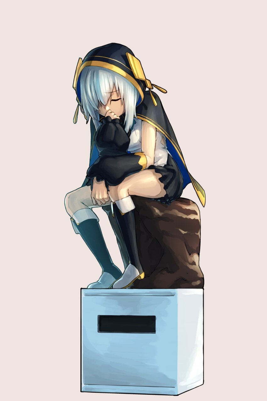 1girl aduti_momoyama ars_almal black_skirt black_sleeves boots cape closed_eyes commentary_request detached_sleeves fine_art_parody fold-over_boots hair_over_one_eye highres hood hood_up hooded_cape knee_boots miniskirt nijisanji parody shirt short_hair sitting skirt solo the_thinker virtual_youtuber white_hair white_shirt