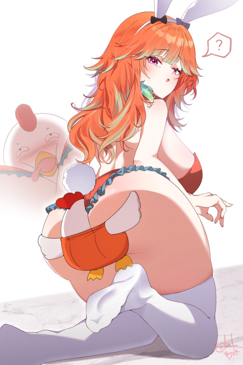 1girl ? alternate_costume animal_ears ass blush breasts commentary_request fake_animal_ears highres hololive hololive_english kfp_employee_(takanashi_kiara) large_breasts leotard long_hair looking_at_viewer open_mouth orange_hair purple_eyes rabbit_ears rabbit_tail red_leotard solo spoken_question_mark tail takanashi_kiara thighhighs todalbok106 virtual_youtuber white_thighhighs