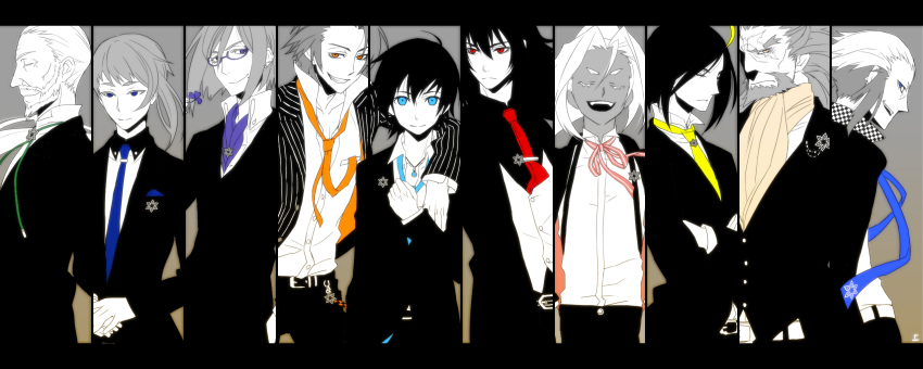 6+boys alvin_(tales) balan baran blue_eyes cline_sharil column_lineup ascot closed_eyes formal_clothes frown gaius_(tales) gilland_(tales) grey_background highres ivar_(tales) jirand jude_mathis kagio_(muinyakurumi) klein_schall long_image male_focus monochrome multiple_boys multiple_monochrome nachtigal nahatigal necktie orange_eyes red_eyes rowen_j._ilbert smile spot_color suit tales_of_(series) tales_of_xillia wide_image wingul_(tales)