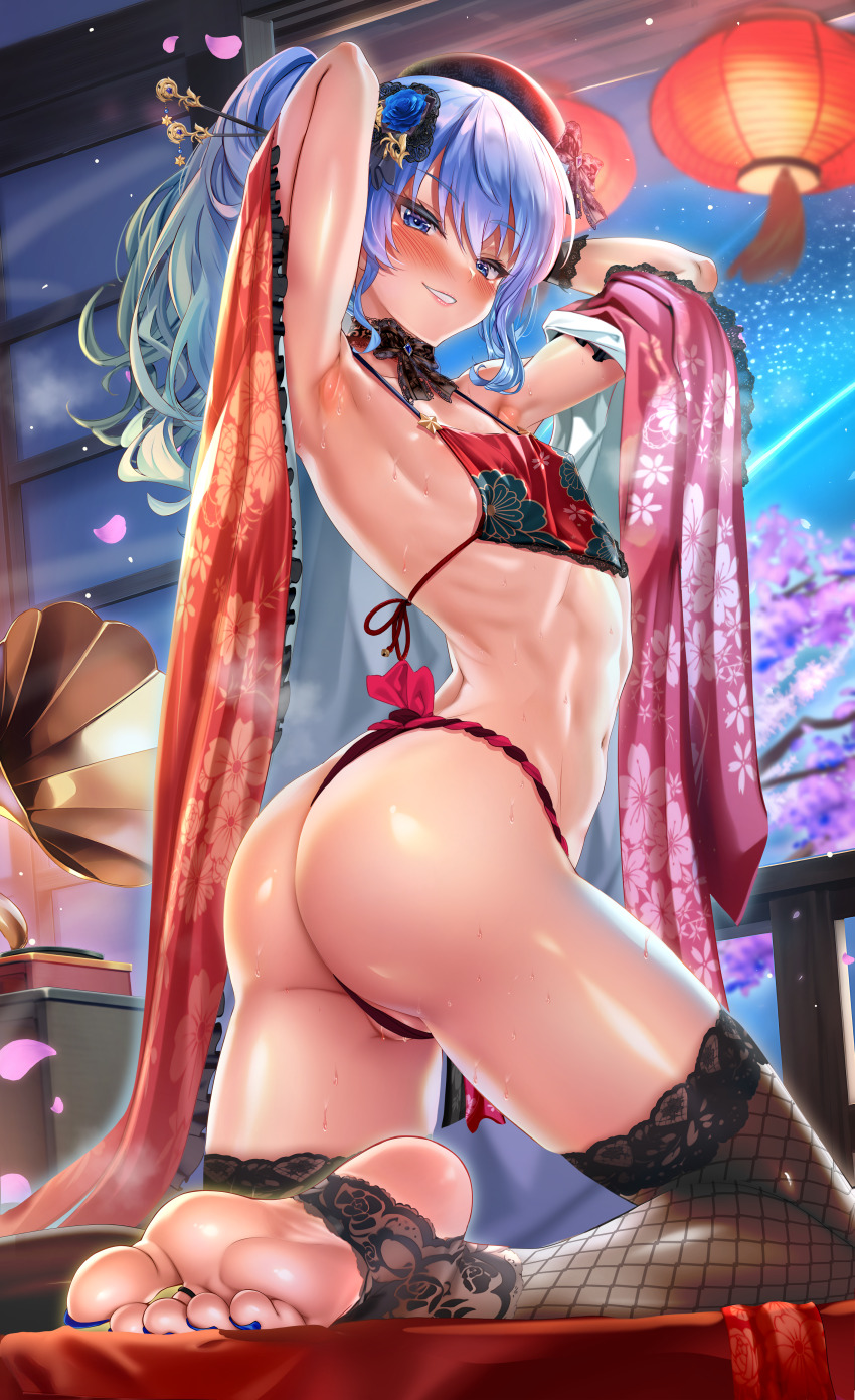 1girl absurdres armpits arms_up ass bikini blue_eyes blue_hair falling_petals feet flat_chest flower from_side grin hair_flower hair_ornament hat highres hololive hoshimachi_suisei jagoo looking_at_viewer navel partially_visible_vulva petals phonograph ribs smile solo star_(symbol) star_in_eye sweat swimsuit symbol_in_eye toes virtual_youtuber