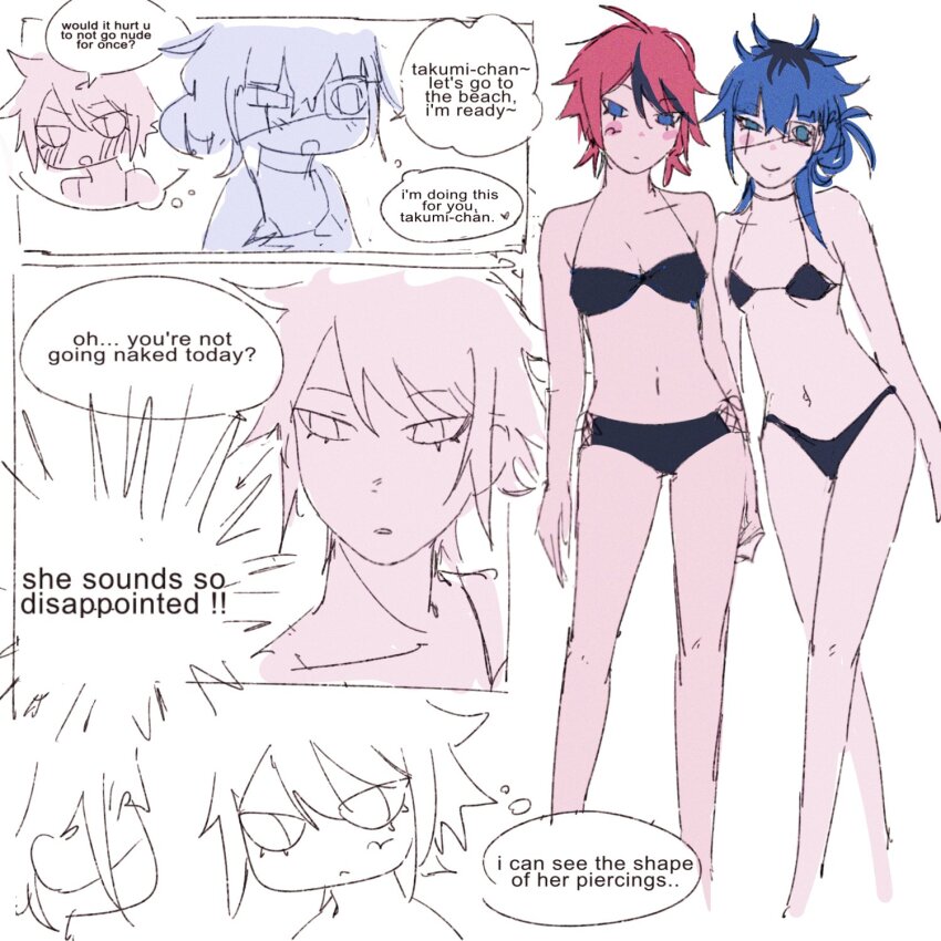 2girls ahoge bikini black_bikini black_hair blue_eyes blue_hair blush breasts collar english_text eyepatch female_focus full_body genderswap genderswap_(mtf) hair_bun highres looking_at_viewer messy_hair multicolored_hair multiple_girls omokage_yugamu one_eye_covered open_mouth red_hair simple_background sketch small_breasts speech_bubble standing sumino_takumi swimsuit the_hundred_line_-last_defense_academy- white_background