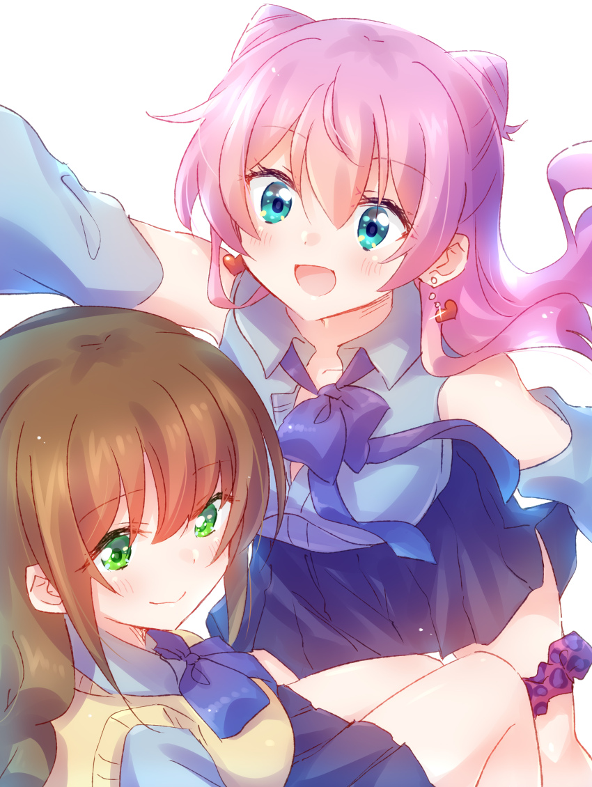 2girls absurdres bare_shoulders blue_bow blue_bowtie blue_eyes blue_skirt blue_sleeves bow bowtie brown_hair closed_mouth collared_shirt commentary detached_sleeves earrings fuufu_ijou_koibito_miman. green_eyes hair_between_eyes heart heart_earrings highres jewelry long_hair looking_at_viewer multiple_girls nyaa_(nnekoron) open_mouth pink_hair pleated_skirt sakurazaka_shiori school_uniform shirt simple_background skirt sleeveless sleeveless_shirt smile sweater_vest thigh_scrunchie watanabe_akari white_background yellow_sweater_vest