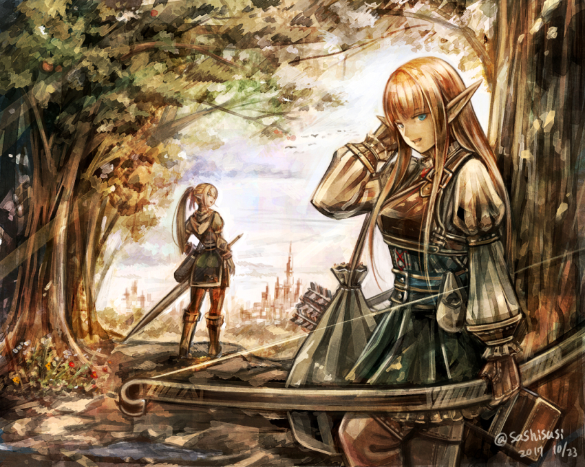 2girls armor arrow_(projectile) artist_name bag blonde_hair blue_eyes boots bow_(weapon) breastplate castle cloud cloudy_sky dated elf fingerless_gloves flower forest gloves hand_up holding holding_bag holding_bow_(weapon) holding_weapon long_hair long_pointy_ears long_sidelocks long_sleeves looking_at_viewer looking_back multiple_girls nature open_mouth original outdoors pink_hair pointy_ears ponytail puffy_sleeves quiver shirt sidelocks skirt sky smile straight_hair sushi_(sashimise) sword thigh_boots tree twitter_username weapon