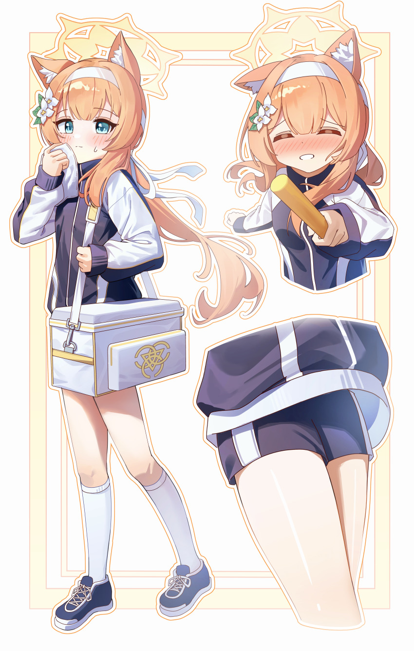1girl absurdres animal_ear_fluff animal_ears bag black_jacket black_shoes black_shorts blue_archive blue_eyes blush border capry cat_ears center-flap_bangs commentary_request flower full_body hair_between_eyes hair_flower hair_ornament hairband halo highres jacket kneehighs long_hair looking_at_viewer mari_(blue_archive) mari_(track)_(blue_archive) multicolored_jacket multiple_views orange_border orange_hair orange_outline outline outside_border shoes short_shorts shorts shoulder_bag sidelocks sneakers socks standing sweat track_jacket two-tone_jacket white_background white_flower white_hairband white_jacket white_outline white_socks yellow_halo