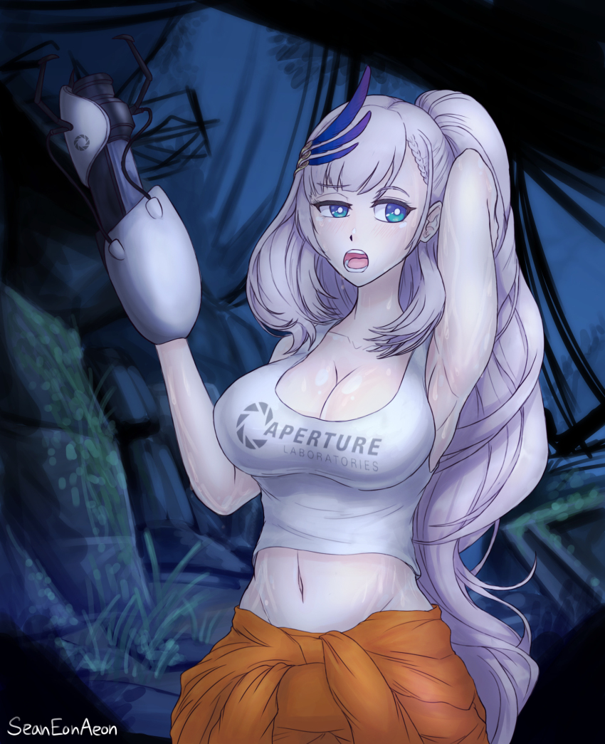 aperture_laboratories aperture_science_handheld_portal_device armpits artist_name blue_eyes blush braid breasts bright_pupils chell chell_(cosplay) cleavage clothes_writing cosplay crop_top dark_background feather_hair_ornament grass hair_ornament highres hololive hololive_indonesia jumpsuit jumpsuit_around_waist large_breasts long_hair midriff navel open_mouth orange_jumpsuit pavolia_reine portal portal_(series) portal_2 ruins shirt side_ponytail silver_hair sweat nervous_sweating teeth tongue virtual_youtuber white_pupils white_shirt
