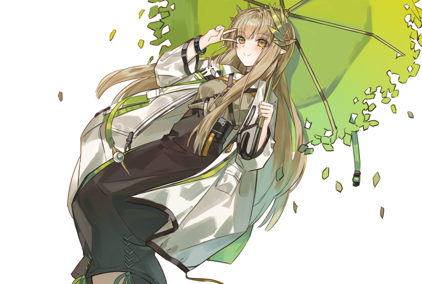 1girl absurdres arknights arm_up blonde_hair brown_skirt closed_mouth coat commentary ehdghks500 elf feet_out_of_frame grey_shirt hair_ornament high-waist_skirt highres holding holding_umbrella infection_monitor_(arknights) korean_commentary long_hair long_sleeves mole mole_under_eye muelsyse_(arknights) open_clothes open_coat pointy_ears shirt shirt_tucked_in simple_background skirt smile solo split_mouth umbrella v v_over_eye white_background white_coat yellow_eyes
