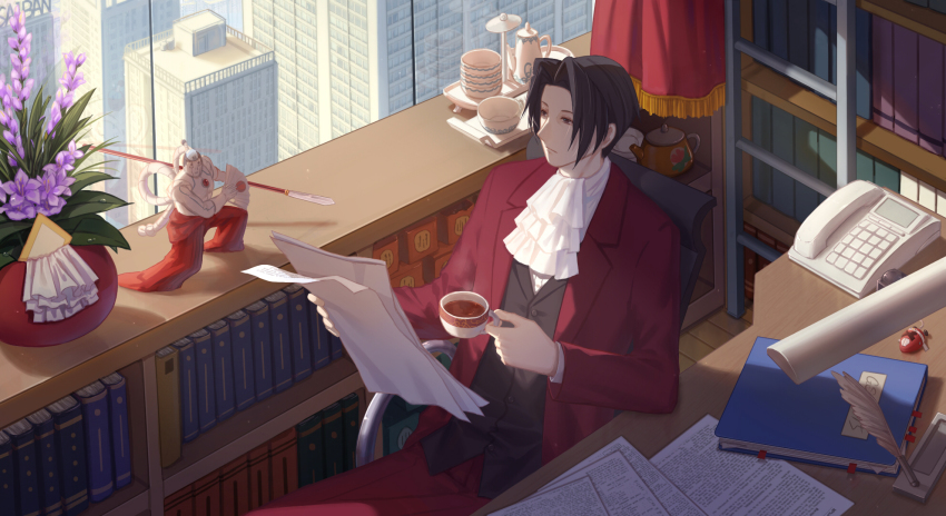 1boy ace_attorney ace_attorney_investigations ascot book bookshelf brown_eyes building chair city closed_eyes commentary cup curtains desk desk_lamp english_commentary expressionless flower from_above highres holding holding_cup inkwell jacket ladder lamp long_sleeves male_focus miles_edgeworth open_clothes open_jacket pants paper phone pink_flower quill reading red_jacket red_pants rising_sun_flag sitting solo steel_samurai sunburst sunlight swimsuit tea_set teacup teapot vase white_ascot window xing_muhen