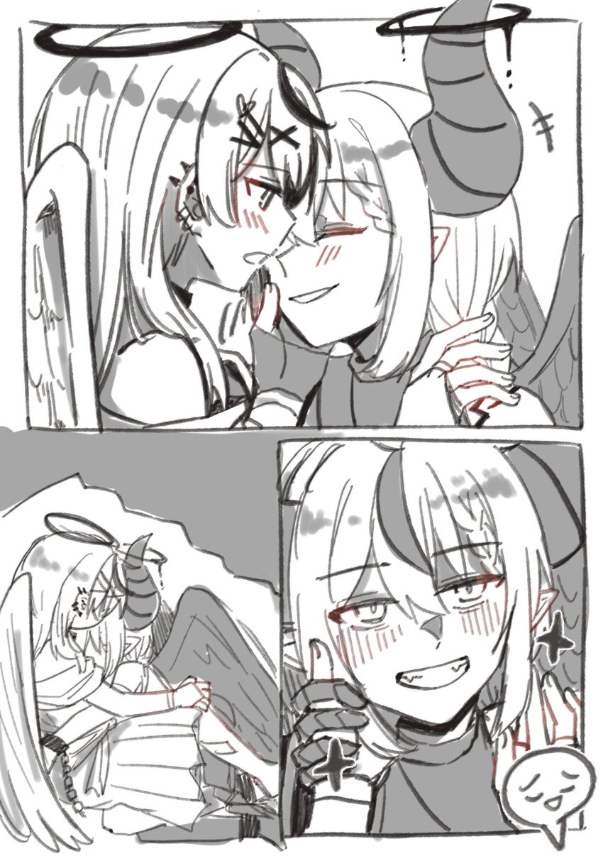 2girls absurdres angel_wings blush closed_eyes commentary ear_piercing fang greyscale grin halo hand_on_another&#039;s_face hashtag-only_commentary highres hololive horns hug la+_darknesss monochrome multiple_girls open_mouth piercing pointy_ears sakamata_chloe smile tora_(nanamiiill) virtual_youtuber wings yuri