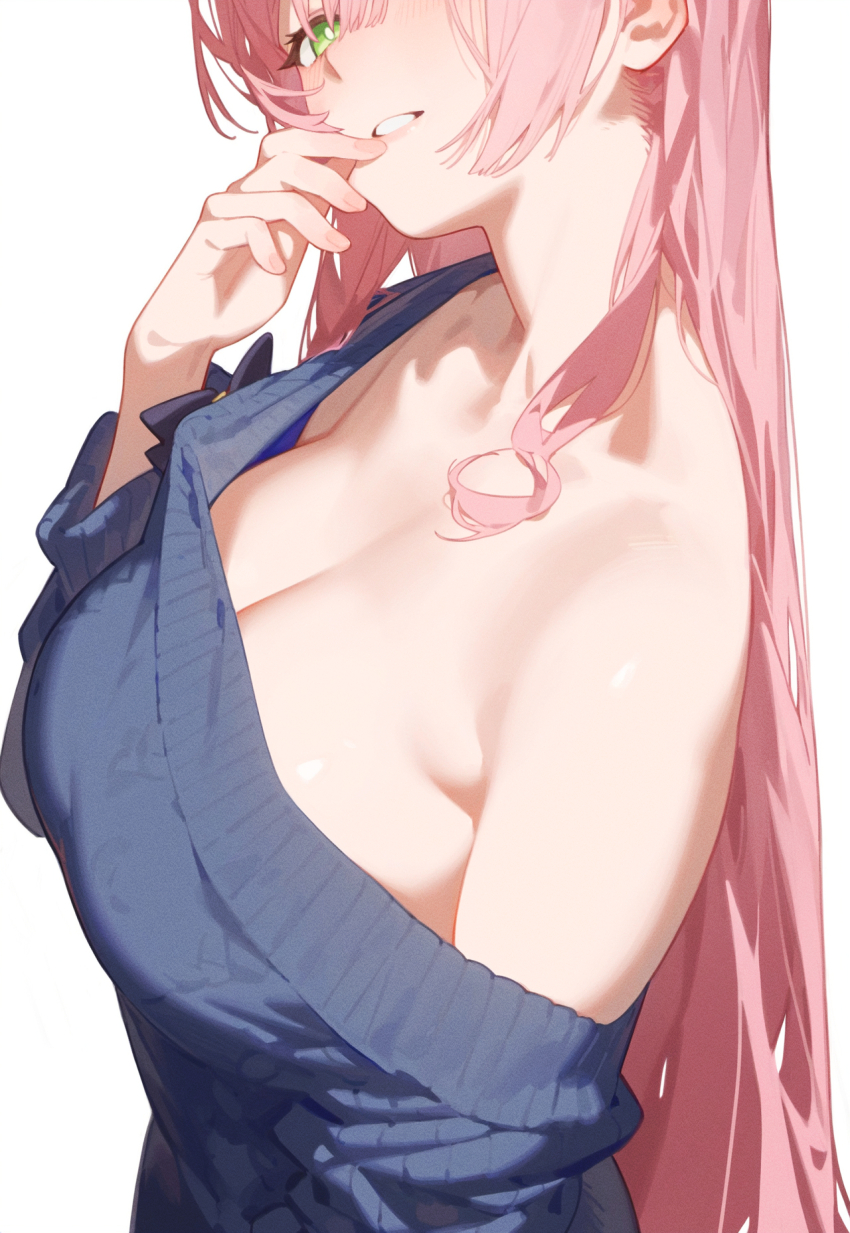 1girl ai-generated alternate_costume armpit_crease black_eyeliner blue_archive blue_sweater breasts cleavage collarbone curly_hair eyelashes eyeliner green_eyes hair_over_shoulder hanako_(blue_archive) hand_on_own_face highres large_breasts long_hair long_sleeves looking_at_viewer makeup myuto12345 no_bra off-shoulder_sweater off_shoulder open_mouth pink_hair shirt sidelocks simple_background smile solo sweater white_background