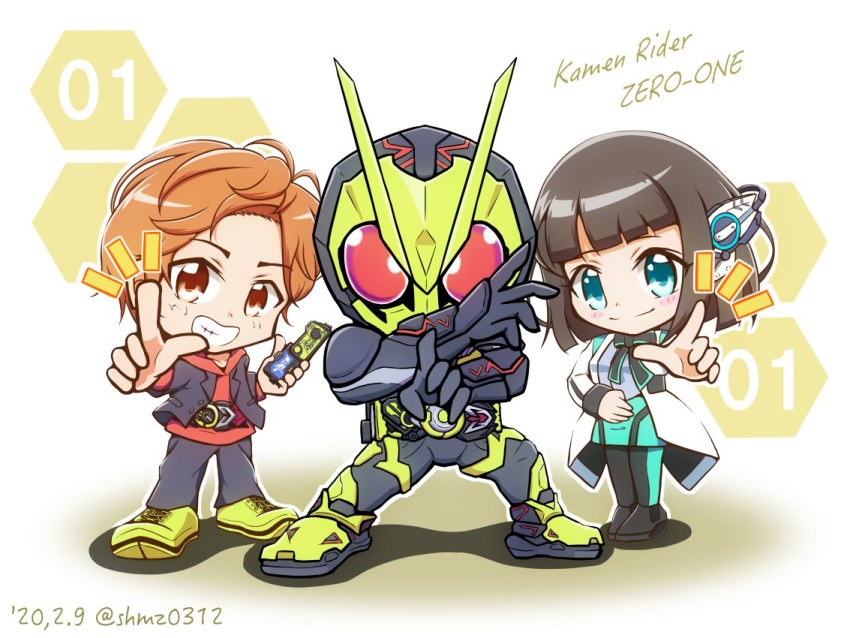 1girl 2boys armor blue_eyes brown_eyes brown_hair character_name chibi copyright_name hiden_aruto humagear_headphones is_(kamen_rider_01) kamen_rider kamen_rider_01_(series) kamen_rider_zero-one multiple_boys pointing pointing_at_viewer power_armor red_eyes shokkaa_(shmz61312)