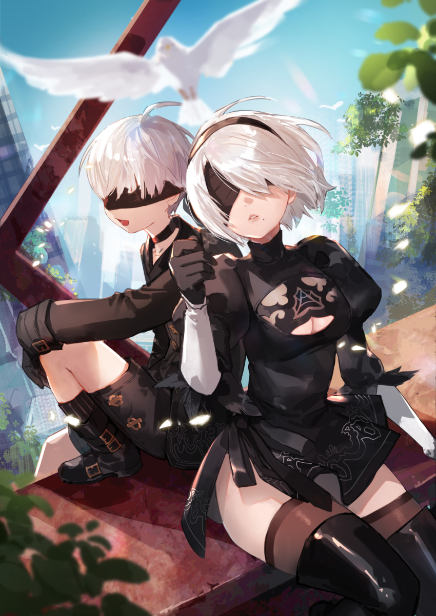 1boy 1girl 2b_(nier:automata) 9s_(nier:automata) black_blindfold black_coat black_dress black_gloves black_hairband blindfold boots breasts cleavage clothing_cutout coat covered_eyes dress gloves hairband highres juliet_sleeves long_sleeves mole mole_under_mouth nier:automata nier_(series) nima_(niru54) puffy_sleeves shorts thighhighs thighhighs_under_boots white_hair
