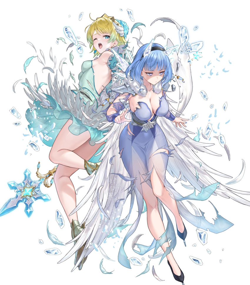 2girls backless_dress backless_outfit bare_legs bare_shoulders blonde_hair blue_eyes blue_hair breasts cape cleavage covered_navel damaged dress feather_cape feather_trim fire_emblem fire_emblem_heroes fjorm_(fire_emblem) fjorm_(ice_tribe)_(fire_emblem) highres holding holding_polearm holding_weapon ice ice_horns ice_skates lance large_breasts medium_breasts multiple_girls nail_polish nifl_(fire_emblem) nifl_(ice_tribe)_(fire_emblem) nintendo non-web_source official_alternate_costume official_art one_eye_closed open_mouth polearm shaded_face short_hair skates small_breasts thighs tiara torn_cape torn_clothes tutu weapon white_cape