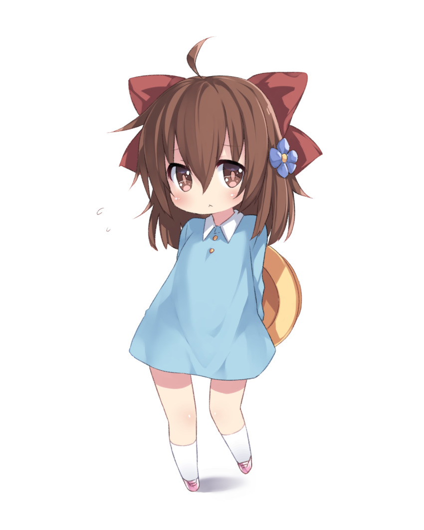 1girl :&lt; ahoge arms_behind_back blue_dress bow brown_hair child dress flower full_body hair_bow hair_flower hair_ornament hat highres kindergarten_uniform kneehighs original pink_shoes ribbon school_hat shoes short_hair simple_background socks solo tamase_tama unworn_headwear virtual_youtuber white_background white_socks yellow_hat