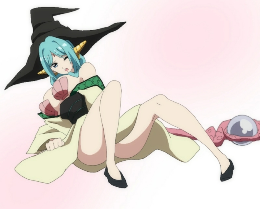 1girl ass blue_hair breasts female_focus hat large_breasts magi_the_labyrinth_of_magic one_eye_closed simple_background solo wand yamuraiha