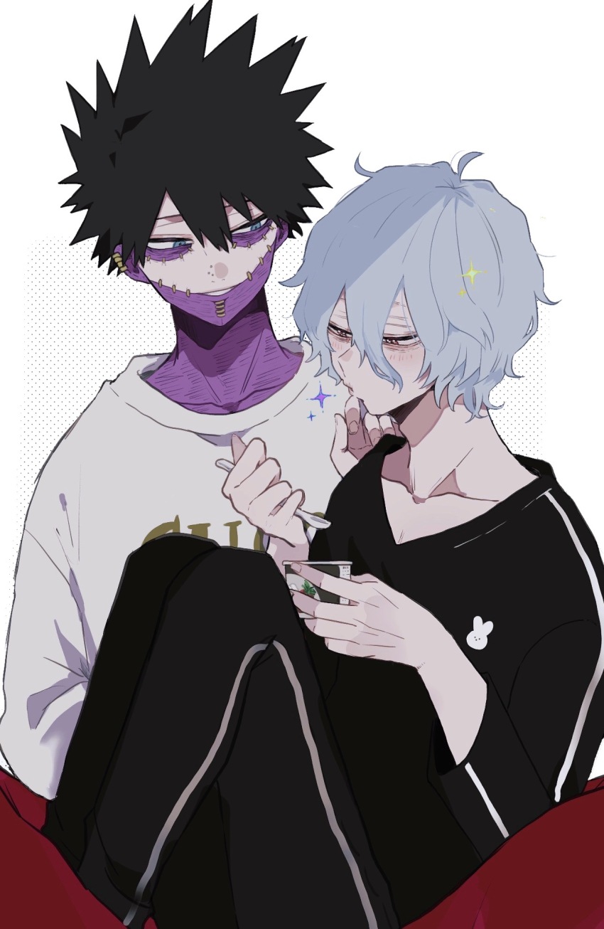 2boys ametaro_(ixxxzu) black_hair black_pants black_shirt blue_eyes boku_no_hero_academia burn_scar cheek_piercing dabi_(boku_no_hero_academia) face_piercing grey_hair highres holding holding_spoon male_focus multiple_boys multiple_scars pants piercing red_eyes scar scar_on_face shigaraki_tomura shirt short_hair sparkle spiked_hair spoon staple stapled sweater white_background white_sweater wrinkled_skin yogurt