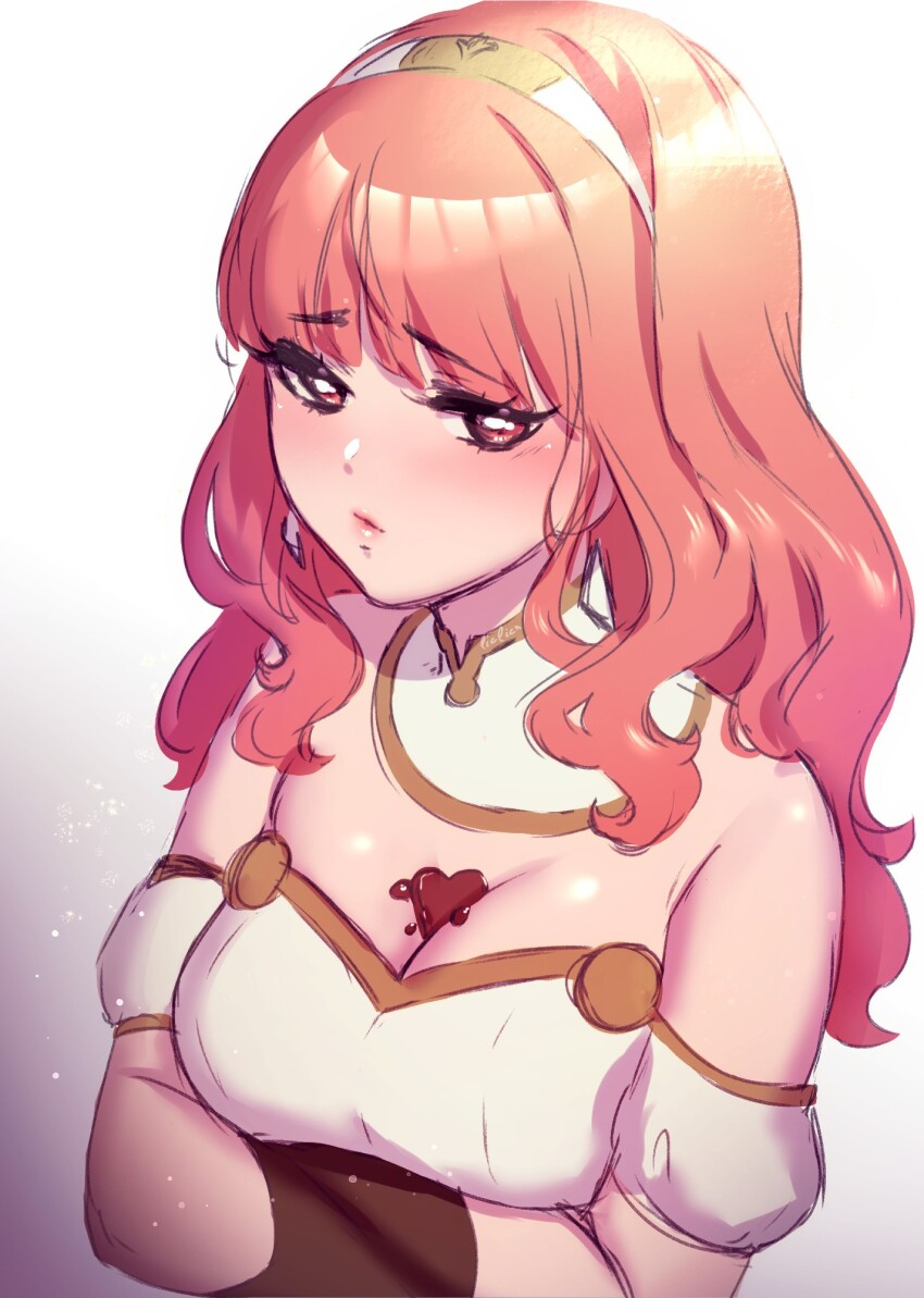 1girl armor arms_under_breasts bare_shoulders black_gloves blush breastplate breasts candy celica_(fire_emblem) chocolate chocolate_heart choker cleavage crossed_arms dress earrings embarrassed fire_emblem fire_emblem_echoes:_shadows_of_valentia food frown gloves happy_valentine heart heart-shaped_food highres jewelry lialiar lips long_hair medium_breasts melting nintendo princess red_eyes red_hair tiara white_armor white_dress