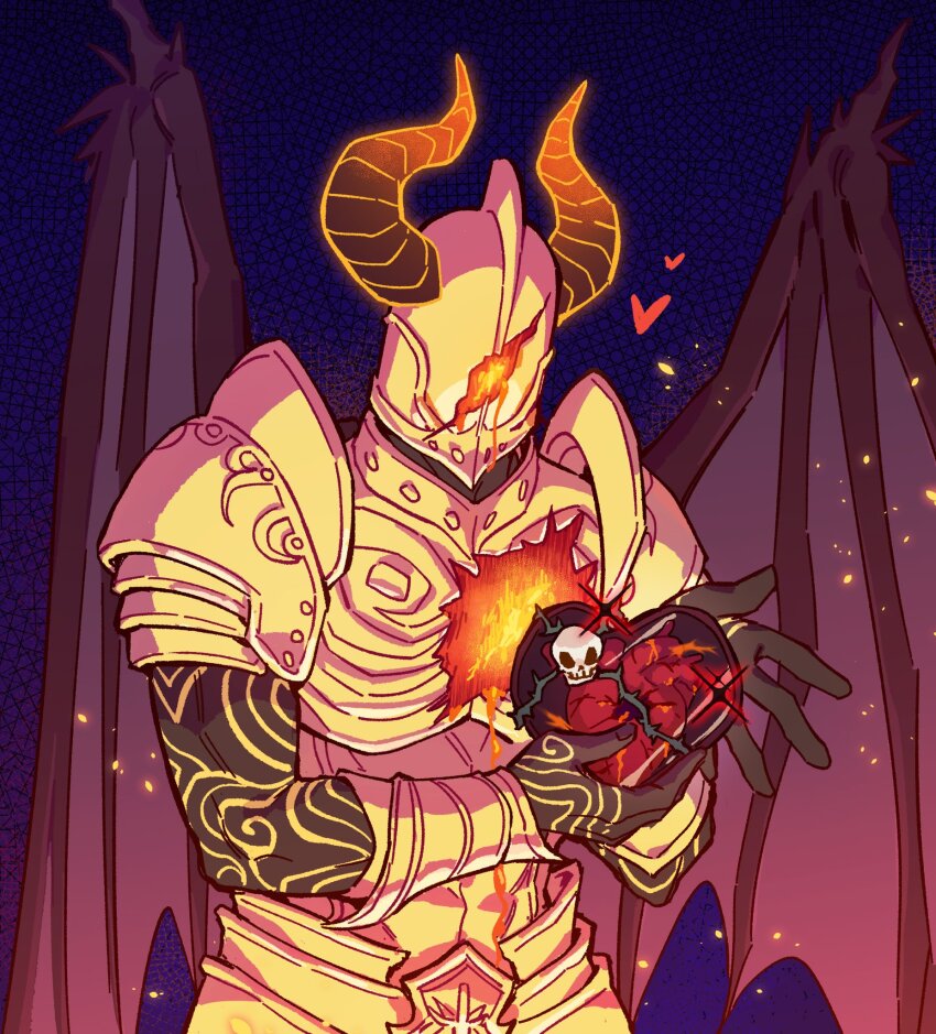 1boy arm_tattoo armor black_skin box bracer breastplate colored_skin cowboy_shot demon_boy demon_horns demon_wings hand_of_the_inheritor heart heart-shaped_box helmet highres holding holding_box horns maiucal male_focus pathfinder pauldrons purple_background scar shoulder_armor solo tattoo wings