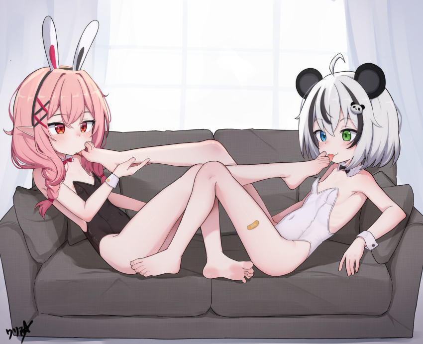 2girls absurdres ahoge animal_ears areola_slip bandaid bandaid_on_leg bare_legs barefoot black_bow black_bowtie black_hair black_leotard blue_eyes boppin bow bowtie braid commentary couch covered_navel detached_collar fake_animal_ears feet flat_chest foot_worship full_body green_eyes grey_hair hair_ornament heterochromia highres indie_virtual_youtuber leotard licking licking_foot loli long_hair multicolored_hair multiple_girls on_couch open_mouth panda_ears panda_girl panda_hair_ornament pink_hair playboy_bunny pointy_ears rabbit_ears red_bow red_bowtie red_eyes short_hair soles strapless strapless_leotard streaked_hair tinypanda_(vtuber) toes tongue tongue_out two-tone_hair white_leotard wrist_cuffs x_hair_ornament yanagi_mimi yuri