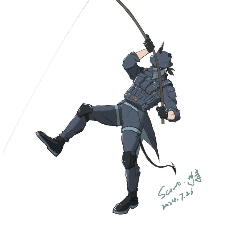 1boy arknights black_gloves black_horns black_shoes black_tail character_name chinese_commentary commentary_request covered_mouth dated fishing_rod full_body gloves grey_hat grey_pants hat holding holding_fishing_rod horns knee_pads male_focus material_growth oripathy_lesion_(arknights) pants sansei434831792 scout_(arknights) shoes simple_background solo standing standing_on_one_leg sunglasses tail white_background