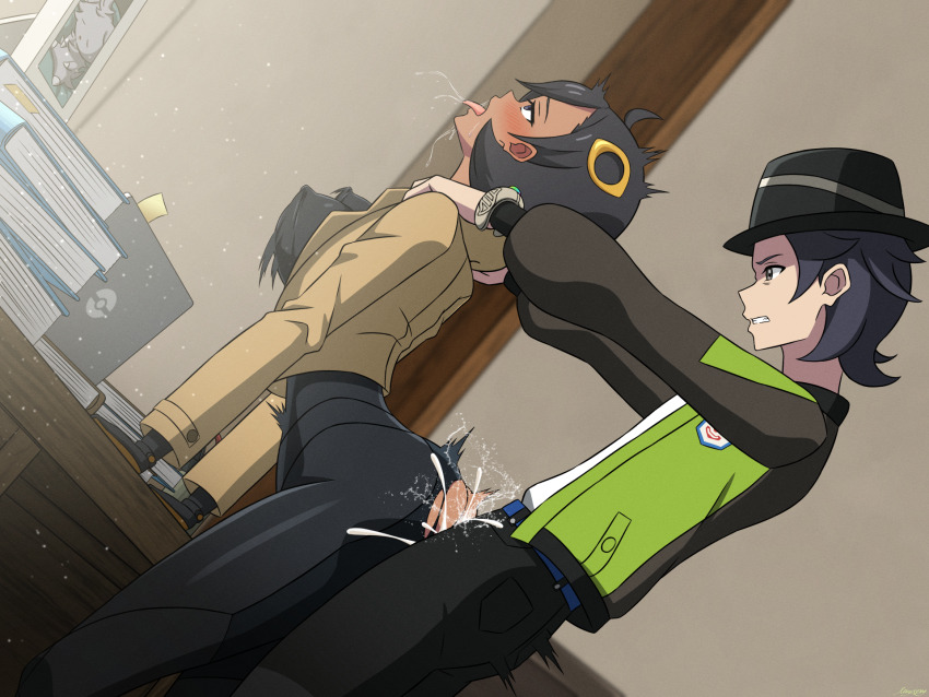 1boy 1girl ahegao black_bodysuit black_hair black_hat bodysuit book bouncing_breasts breasts brown_jacket clenched_teeth cum cum_overflow desk ejaculation emma_(pokemon) espurr gen_6_pokemon green_jacket hat hetero highres indoors jacket large_breasts leaning_forward mysteryctu nintendo paxton_(pokemon) pokemon pokemon_legends:_z-a sex sex_from_behind short_hair standing standing_sex teeth tongue tongue_out torn_bodysuit torn_clothes vaginal