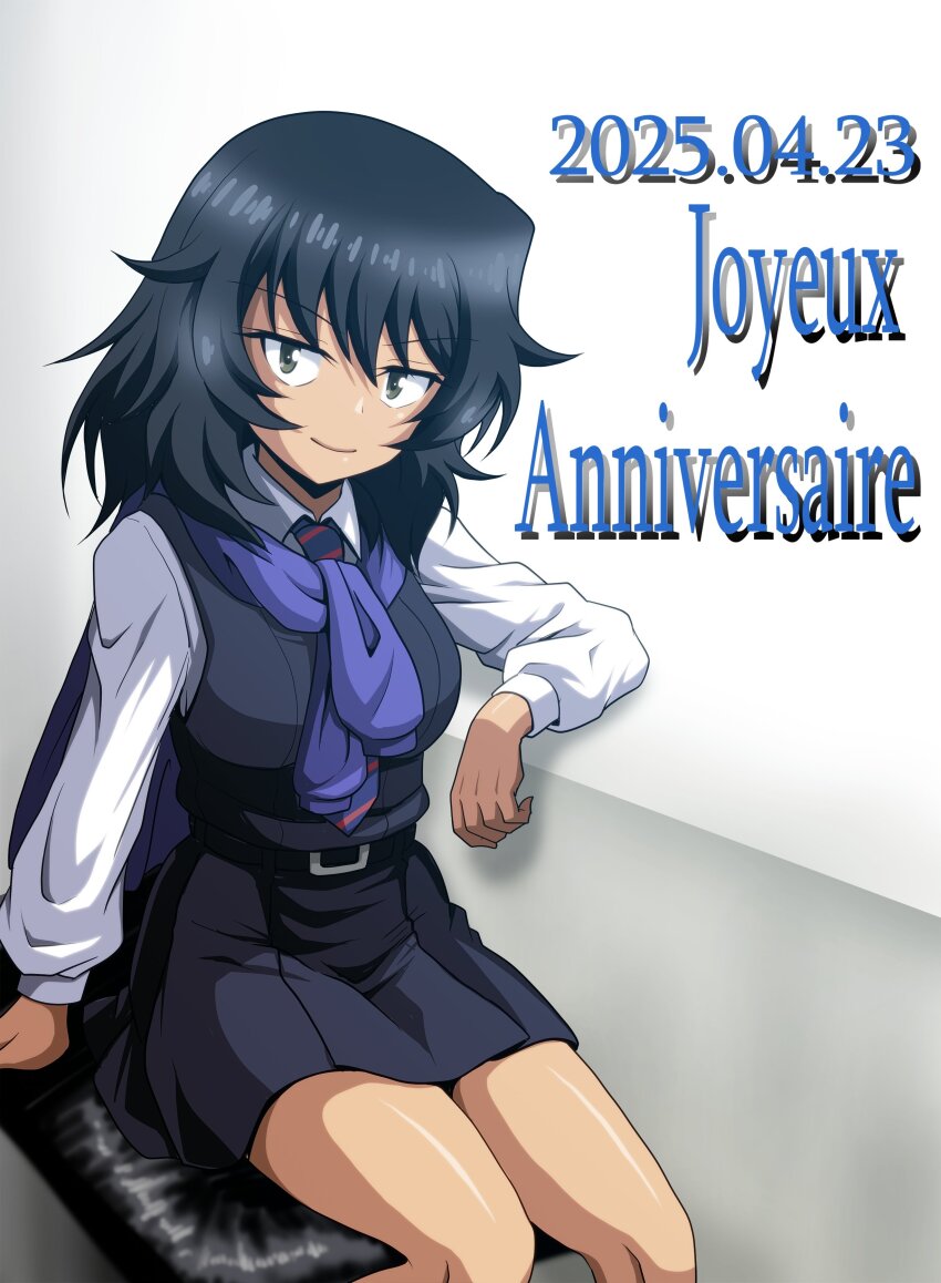 1girl absurdres andou_(girls_und_panzer) bc_freedom_school_uniform black_dress black_hair dark-skinned_female dark_skin dated dress french_text girls_und_panzer grey_eyes happy_birthday highres kamishima_kanon long_sleeves looking_at_viewer medium_hair messy_hair school_uniform shirt sitting smile solo sweater_around_neck white_shirt