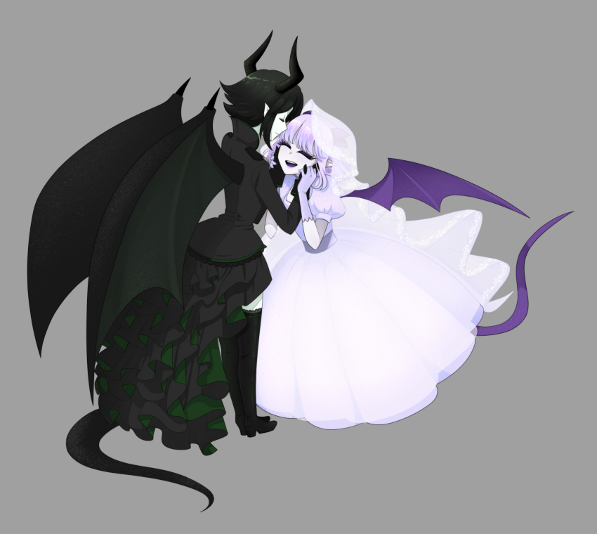 2girls black_boots black_dress black_gloves black_hair black_jacket boots bridal_veil bride closed_eyes closed_mouth colored_eyelashes colored_skin dragon_boy dragon_girl dragon_tail dragon_wings dress frilled_dress frills from_behind gallaxi gloves green_dress green_skin grey_background hands_on_another&#039;s_cheeks hands_on_another&#039;s_face hands_on_another&#039;s_hands highres jacket multiple_girls open_mouth original pointy_ears puffy_nipples puffy_sleeves purple_dress purple_gloves purple_hair purple_mouth short_hair short_sleeves sidelocks simple_background tail teeth two-tone_dress upper_teeth_only veil wedding_dress white_skin wings