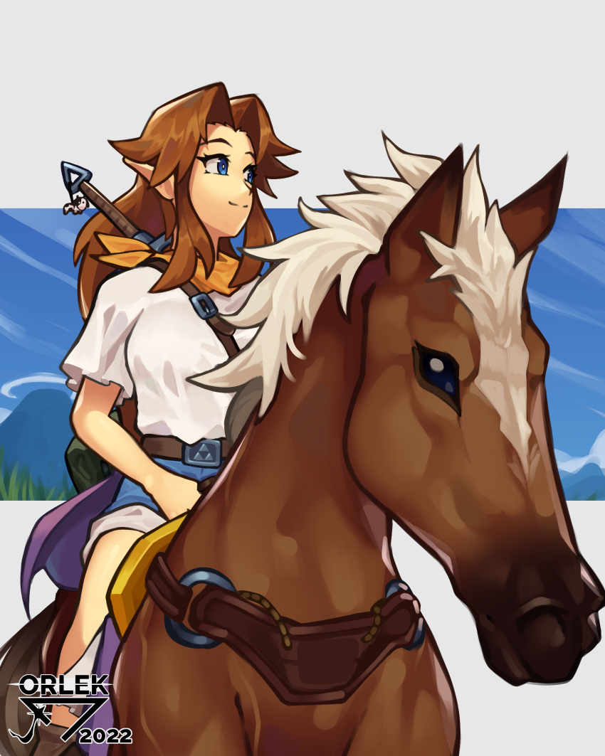 1girl 2022 absurdres animal animal_ears artist_logo artist_name belt blue_eyes blue_pants brown_hair cloud epona grass highres house logo long_hair looking_at_another malon mountain nintendo orange_scarf orlek pants pointy_ears scarf shirt sitting sky solo sword tail the_legend_of_zelda the_legend_of_zelda:_ocarina_of_time triforce weapon white_background white_shirt