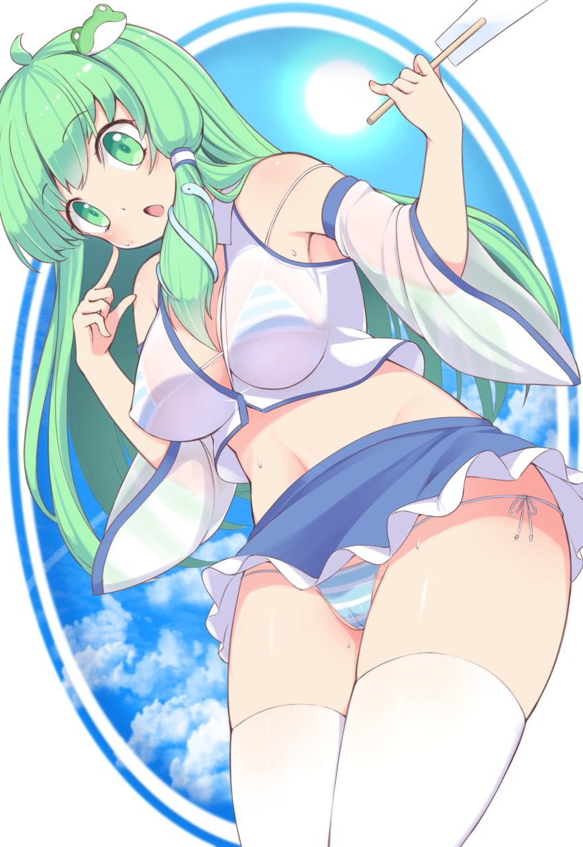 1girl absurdres ahoge bare_shoulders bikini blue_sky breasts cloud commentary_request covered_erect_nipples detached_sleeves frog_hair_ornament from_below gohei green_eyes green_hair hair_ornament hand_on_own_cheek hand_on_own_face harunoha highres holding holding_gohei kochiya_sanae long_hair miniskirt nontraditional_miko open_mouth see-through_clothes side-tie_bikini_bottom side_ponytail skirt sky snake_hair_ornament solo striped_bikini striped_clothes sun sweat swimsuit swimsuit_under_clothes thighhighs touhou white_thighhighs
